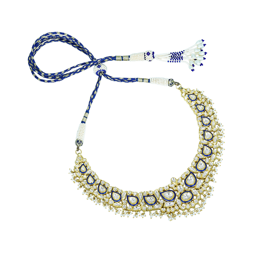 Polki Necklace with Blue Enamel and Layered Pearls